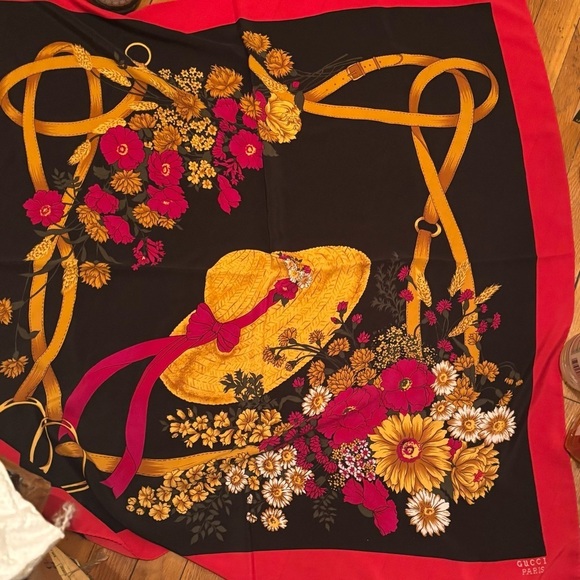 Gucci Accessories - Gucci vintage Women's Floral Silk Scarf - Black, Red, Yellow